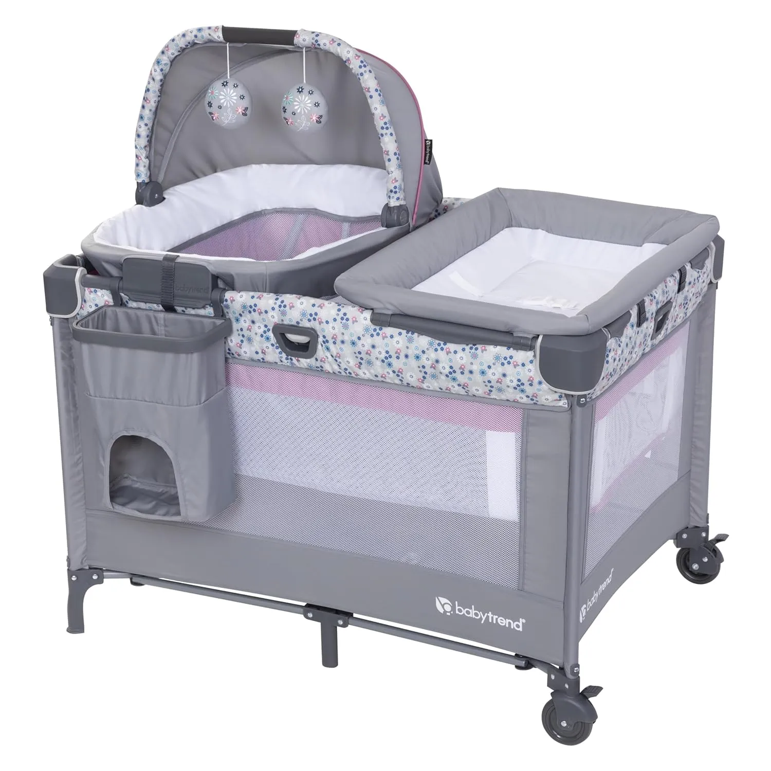Baby Trend Nursery Den Playard with with Rocking Cradle, Snooze Pod, Flip Over Changer, Daisy Pink