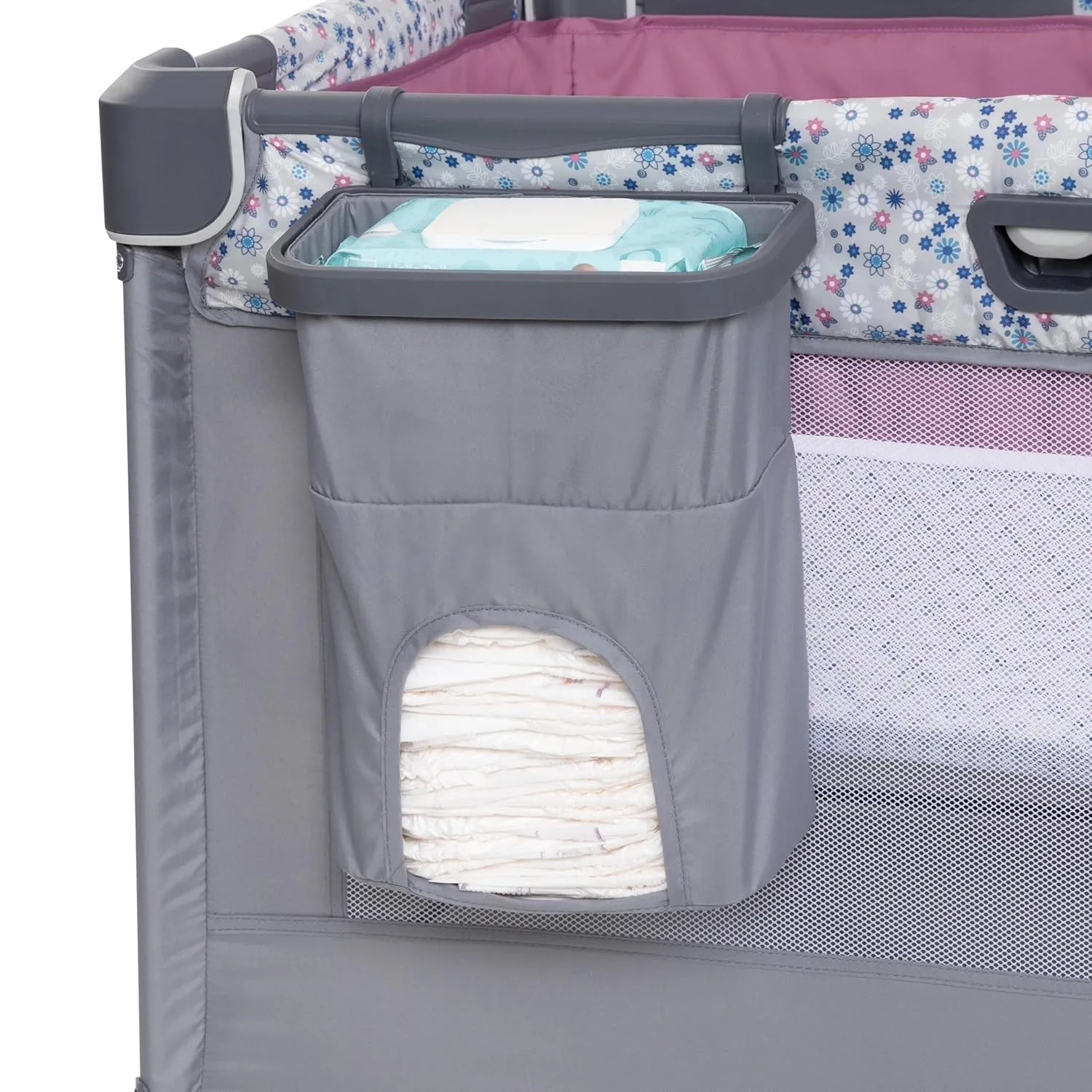 Baby Trend Nursery Den Playard with with Rocking Cradle, Snooze Pod, Flip Over Changer, Daisy Pink