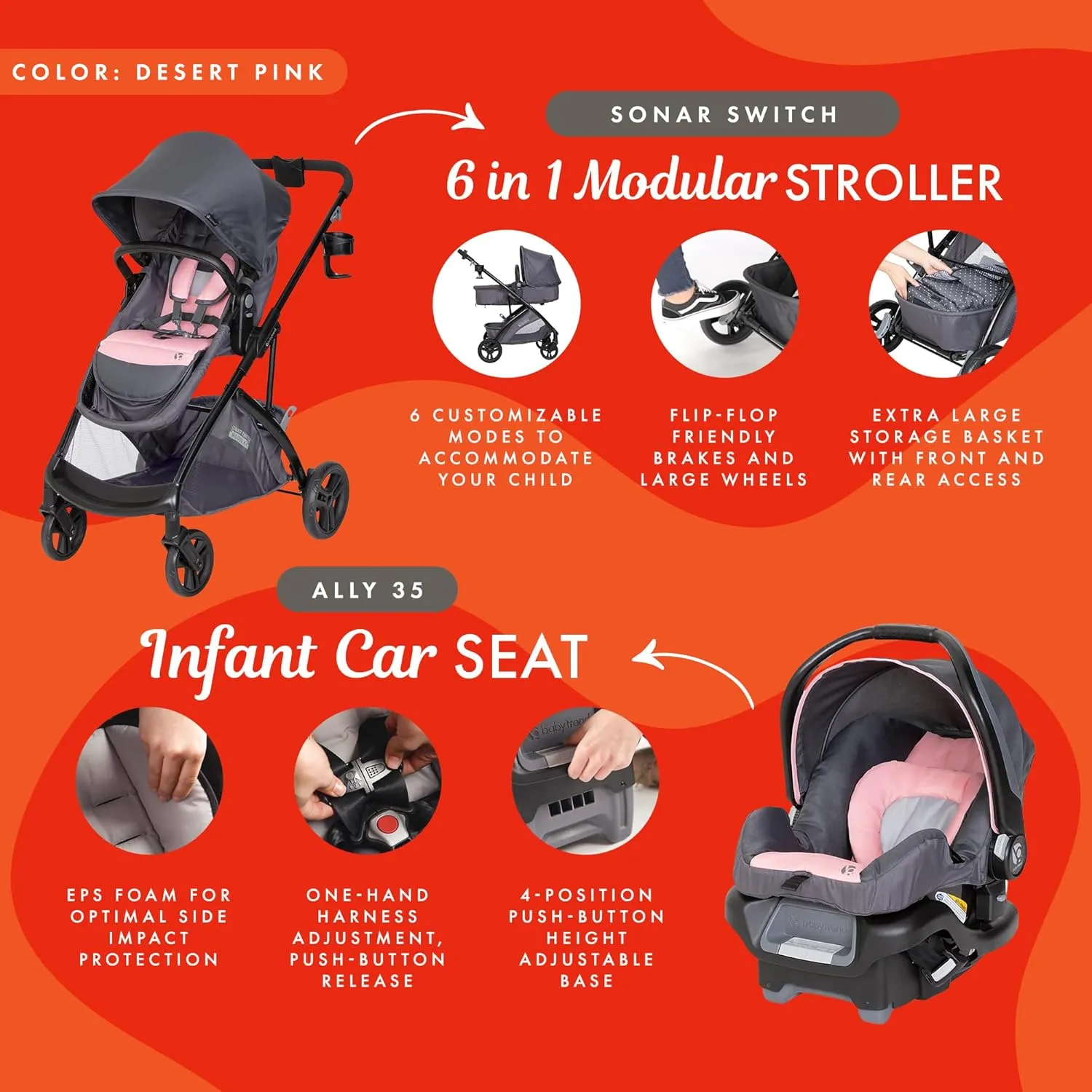 Baby Trend Sonar™ Switch 6-in-1 Modular Stroller Travel System with Ally™ Infant Car Seat, Desert Pinnk