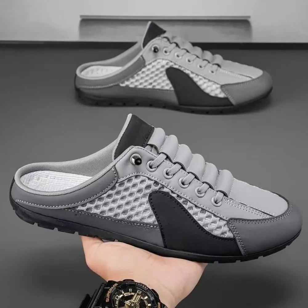 Backless Tennis Shoes for Men Wide Mule Sneakers Slip on House Slippers Platform Lace Up Mesh Breathable Lightweight Casual Walking Slides Office Business Casual Sport Shoes Running Travel Driving