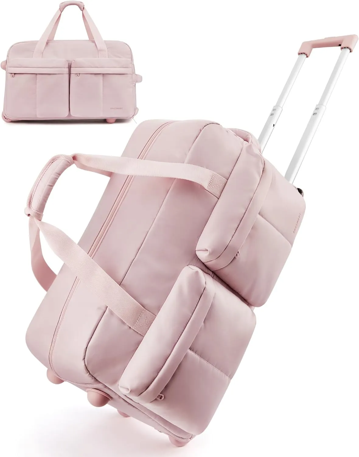 BAGSMART Rolling Duffle Bag with Wheels, Carry On Wet Pocket Duffel for Travel with Handle, Pink