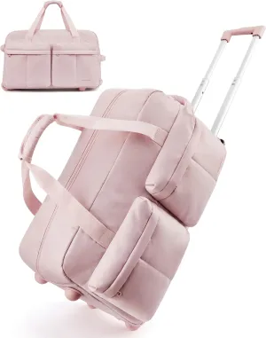 BAGSMART Rolling Duffle Bag with Wheels, Carry On Wet Pocket Duffel for Travel with Handle, Pink