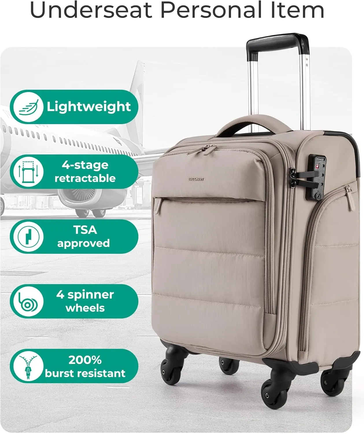 BAGSMART Underseat Carry on Luggage with Wheels, Soft Underseat Travel Luggage with PVC Wet/Dry Pockets, Lightweight Soft Personal Item Suitcase for Short Trip,Came