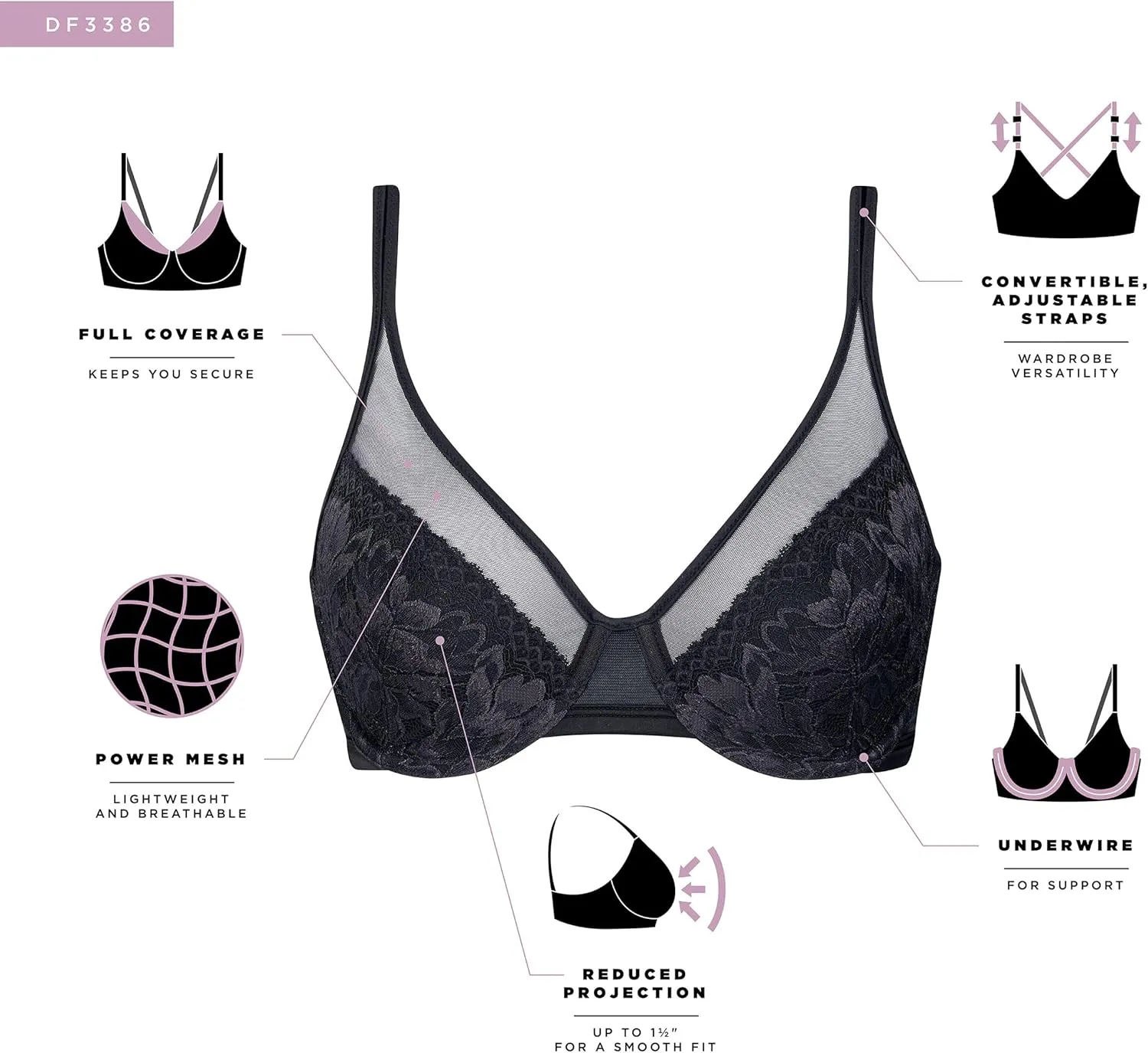 Bali Women's One Smooth U Lace Minimizer Bra, Underwire Bras, Full-Coverage Convertible Bra