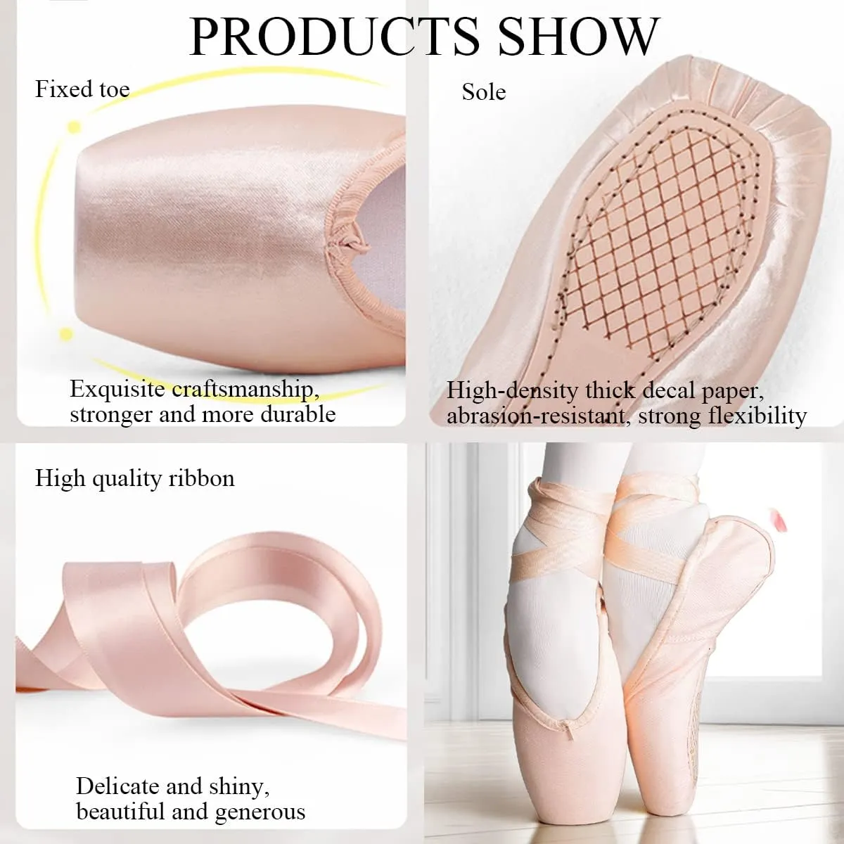 Ballet Pointe Shoes, Ballet Pointe Shoes Satin Professional Dance Shoes, Strong and Durable Toe Cap, Wear-Resistant Sole for Girls and Women-37-pink,SHhg894064769-Black-43 EU