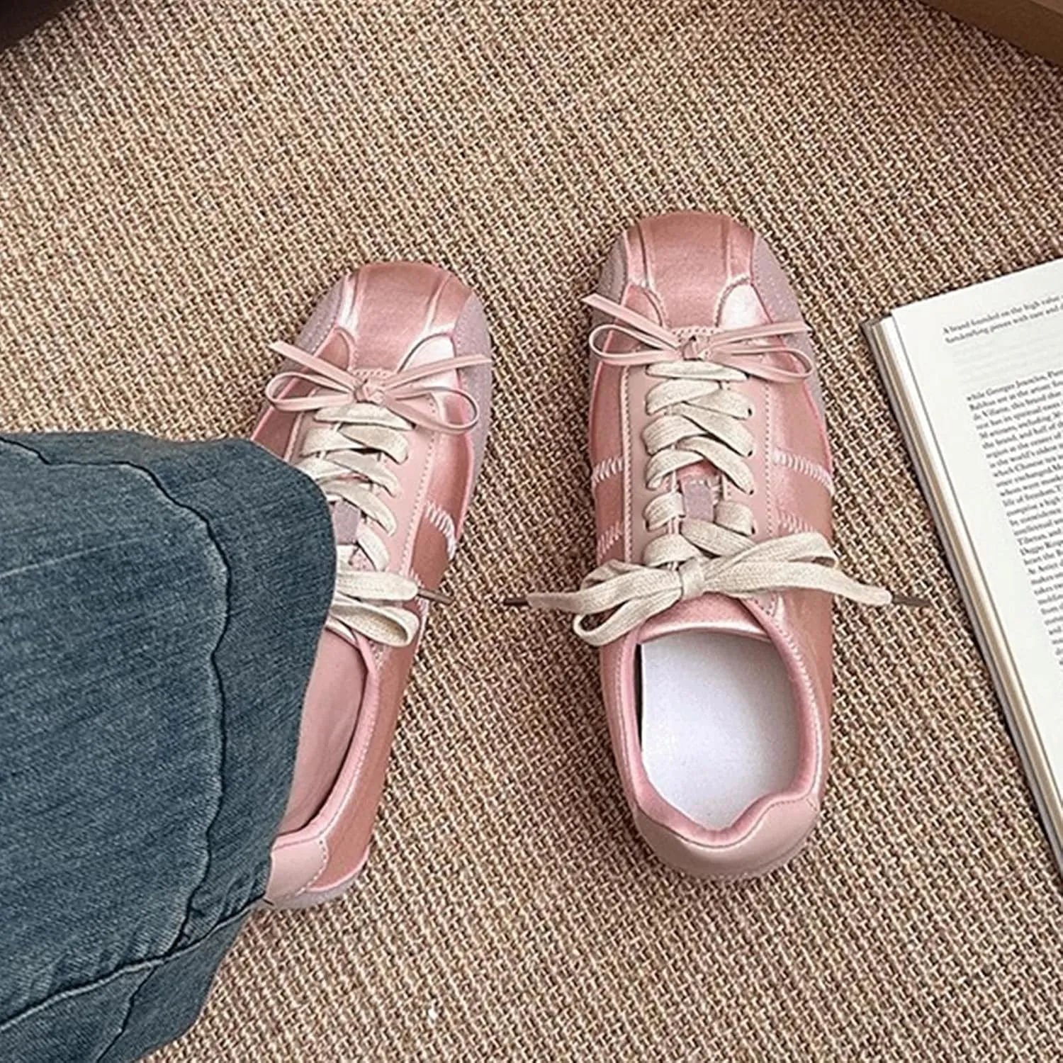 Ballet Sneakers for Woman Leather Satin Lace Up Soft Elegant Ballerina Flats Fancy Trendy Ballet Shoes with Cute Bowknot 2025 Spring Summer Casual Daily Outwear