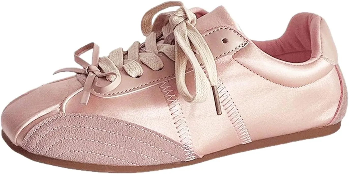 Ballet Sneakers for Woman Leather Satin Lace Up Soft Elegant Ballerina Flats Fancy Trendy Ballet Shoes with Cute Bowknot 2025 Spring Summer Casual Daily Outwear