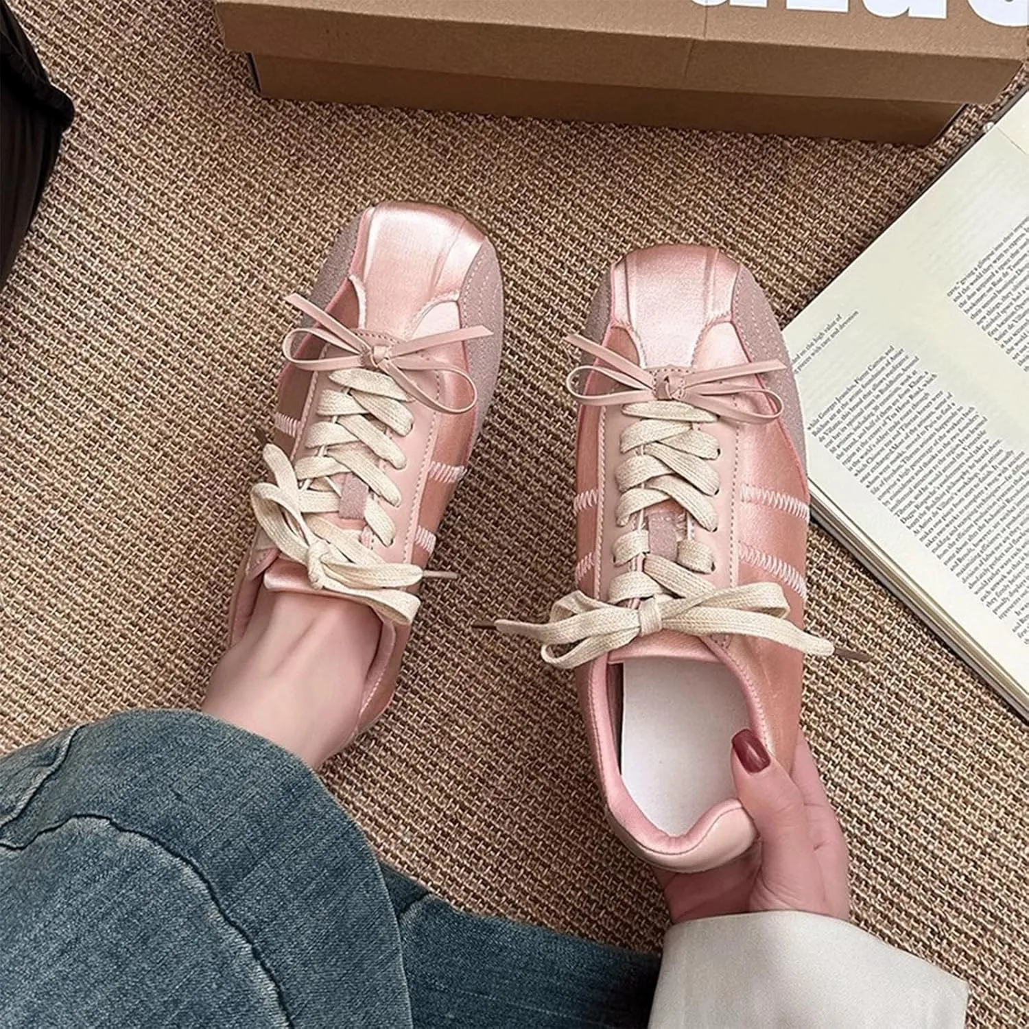 Ballet Sneakers for Woman Leather Satin Lace Up Soft Elegant Ballerina Flats Fancy Trendy Ballet Shoes with Cute Bowknot 2025 Spring Summer Casual Daily Outwear