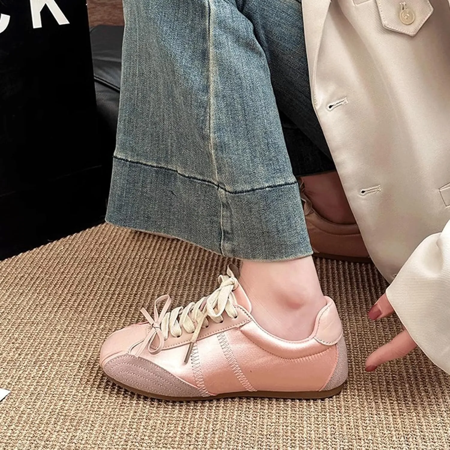 Ballet Sneakers for Woman Leather Satin Lace Up Soft Elegant Ballerina Flats Fancy Trendy Ballet Shoes with Cute Bowknot 2025 Spring Summer Casual Daily Outwear