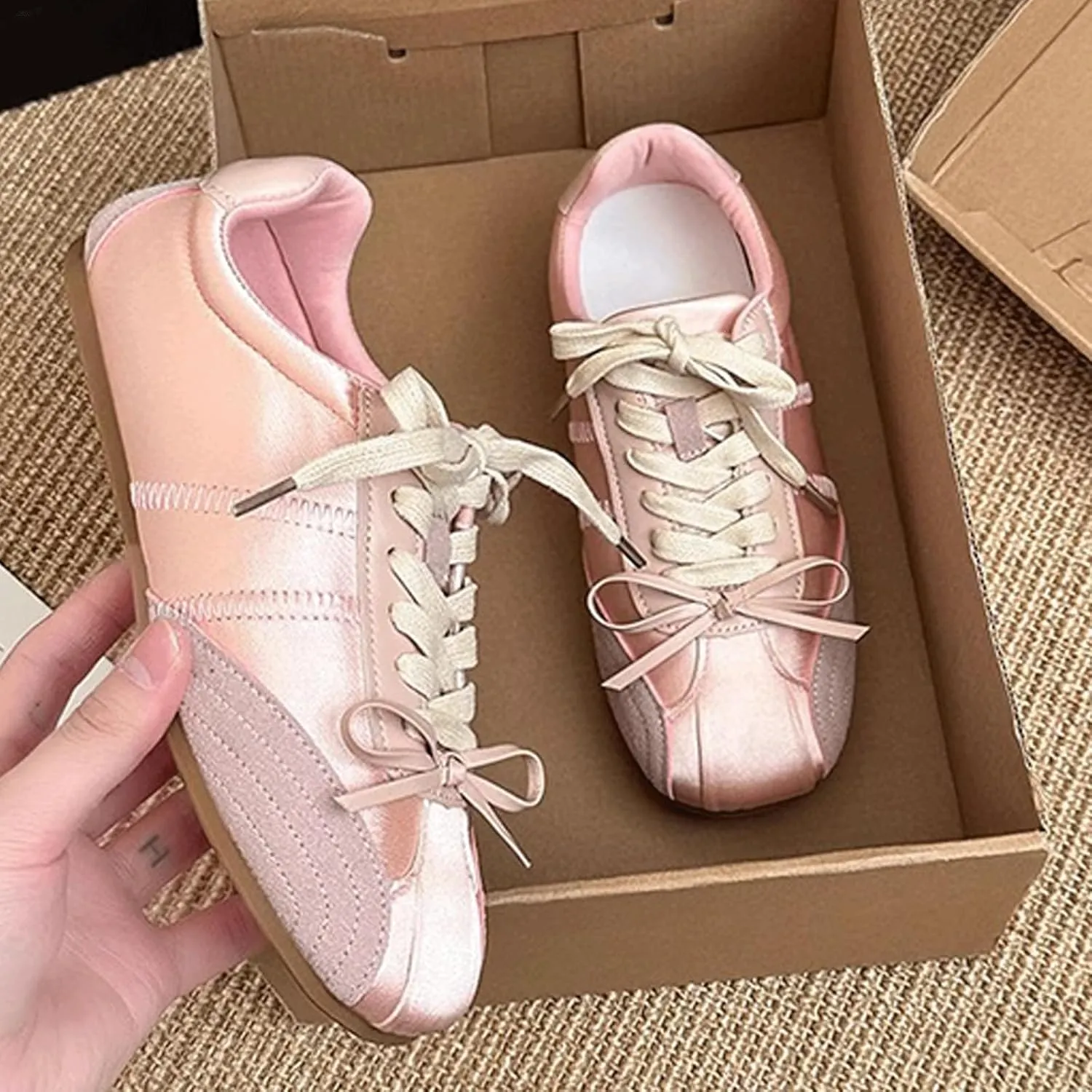Ballet Sneakers for Woman Leather Satin Lace Up Soft Elegant Ballerina Flats Fancy Trendy Ballet Shoes with Cute Bowknot 2025 Spring Summer Casual Daily Outwear