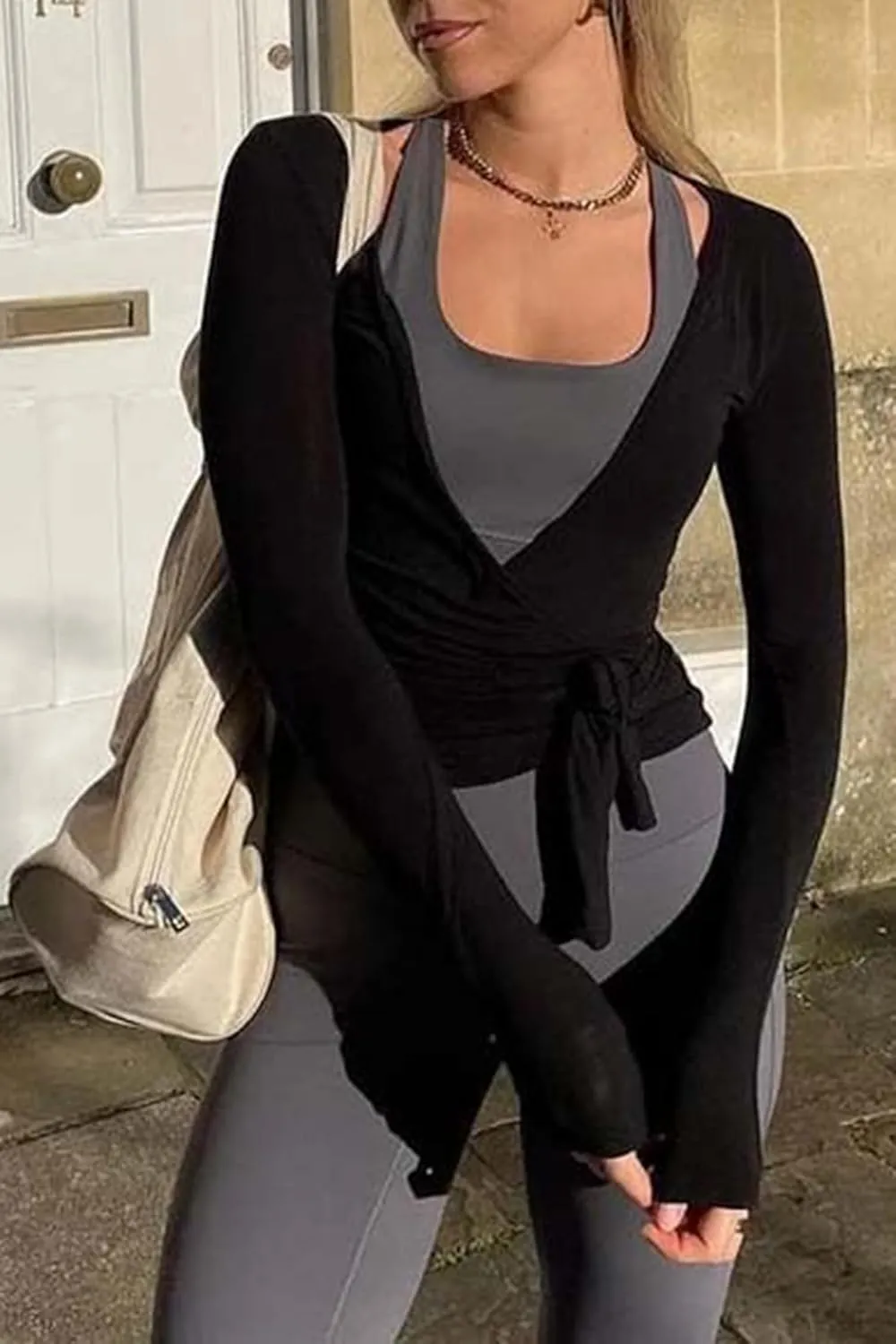 Ballet Tie Wrap Top for Women Long Sleeve Cover Up Yoga Pilates Workout Warp Shirts