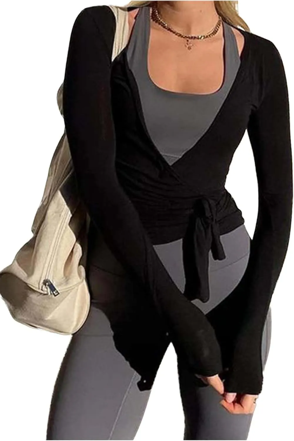 Ballet Tie Wrap Top for Women Long Sleeve Cover Up Yoga Pilates Workout Warp Shirts