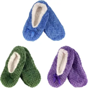 BambooMN Soft Touch Warm Cozy Fuzzy Non-Slip Lined Slip-On Slippers Socks for Adult Women, Indoor Travel House Slippers, 3 Pairs