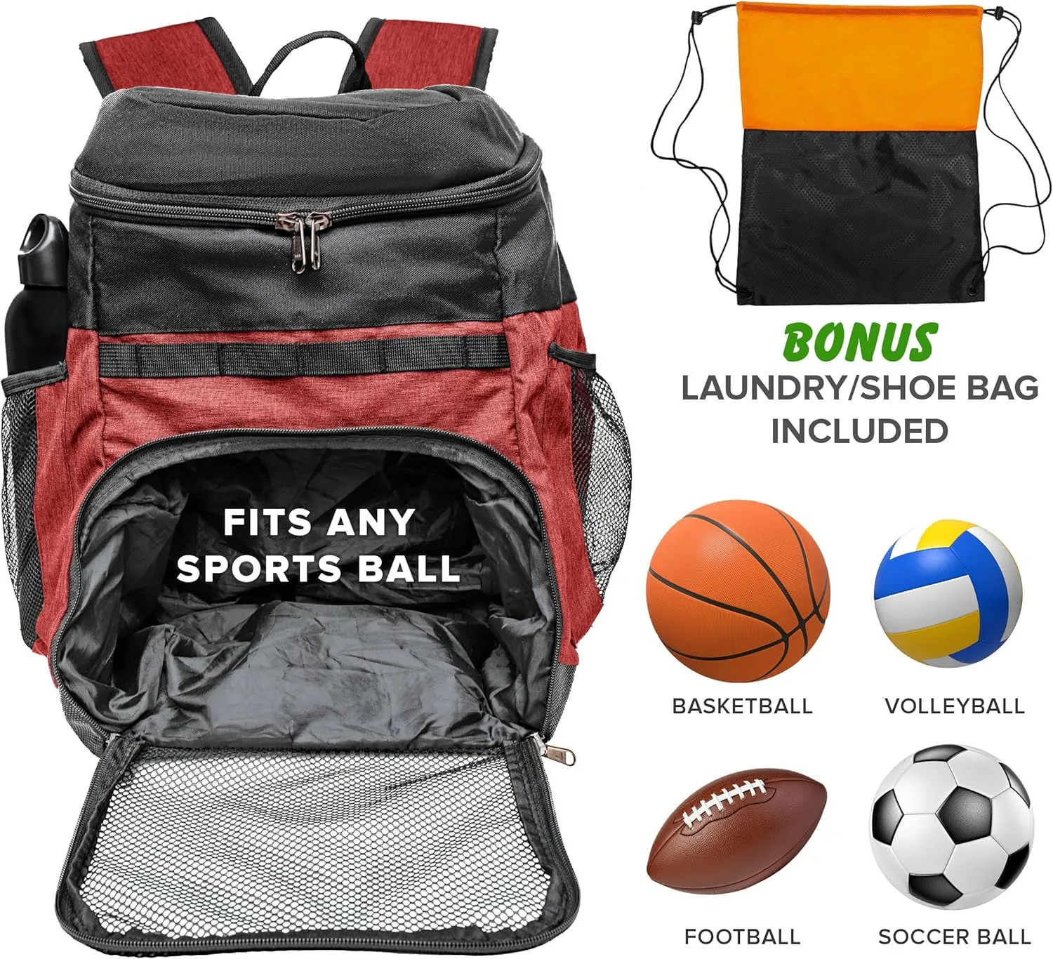 Basketball Backpack with Ball Compartment – Sports Equipment Bag for Soccer Ball, Volleyball, Gym, Outdoor, Travel, Team – 2 Bottle Pockets, Includes Laundry or Shoe Bag – 25L (Red)