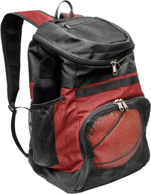 Basketball Backpack with Ball Compartment – Sports Equipment Bag for Soccer Ball, Volleyball, Gym, Outdoor, Travel, Team – 2 Bottle Pockets, Includes Laundry or Shoe Bag – 25L (Red)