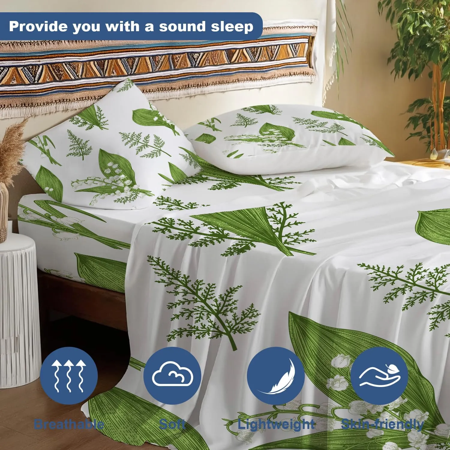 Batmerry Spring Plants Queen Size Soft Microfiber Sheets, Springgreen Lily of The Valley Flowers 4 Piece Luxurious Cooling Bed Sheets Deep Pocket Fits 16" Mattress