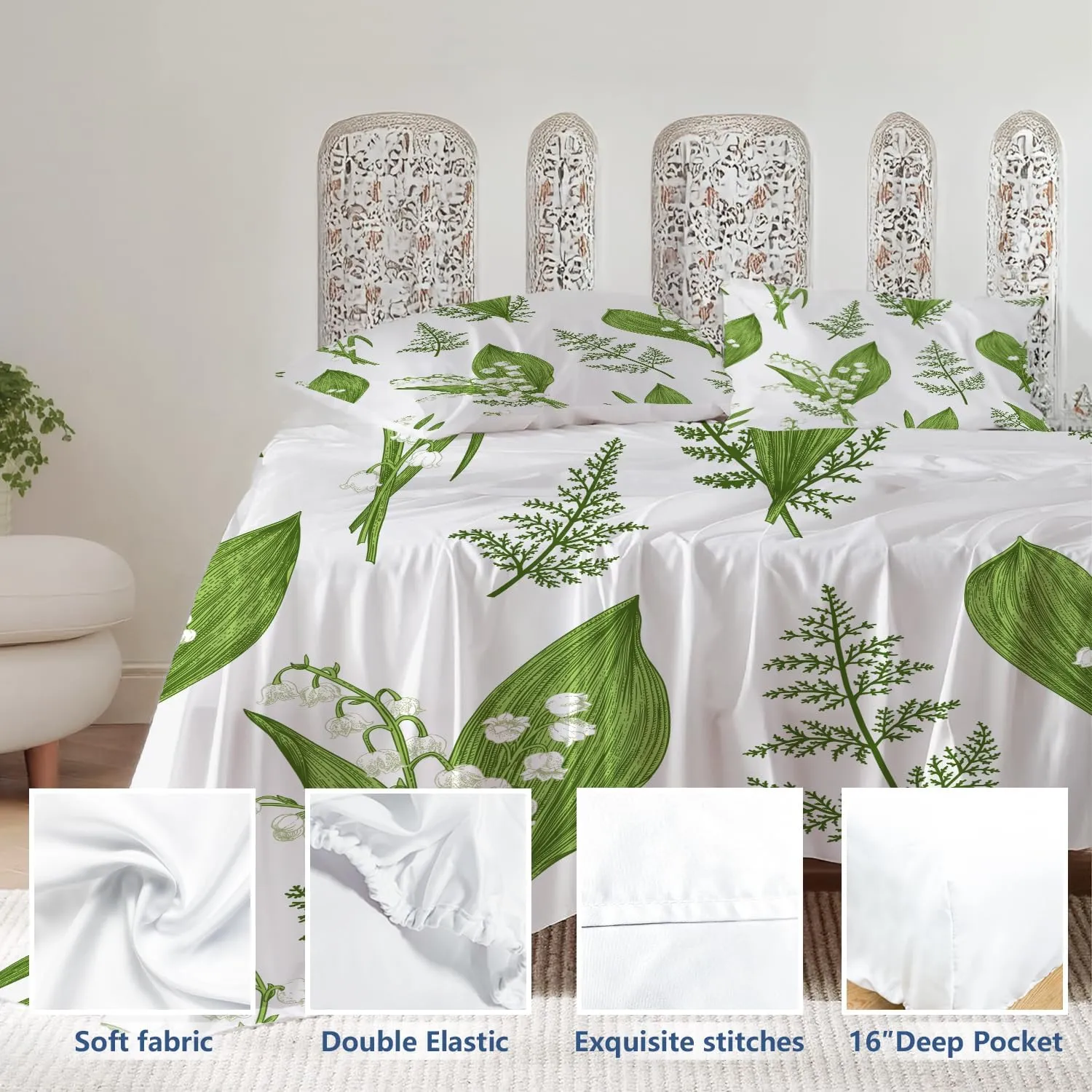 Batmerry Spring Plants Queen Size Soft Microfiber Sheets, Springgreen Lily of The Valley Flowers 4 Piece Luxurious Cooling Bed Sheets Deep Pocket Fits 16" Mattress