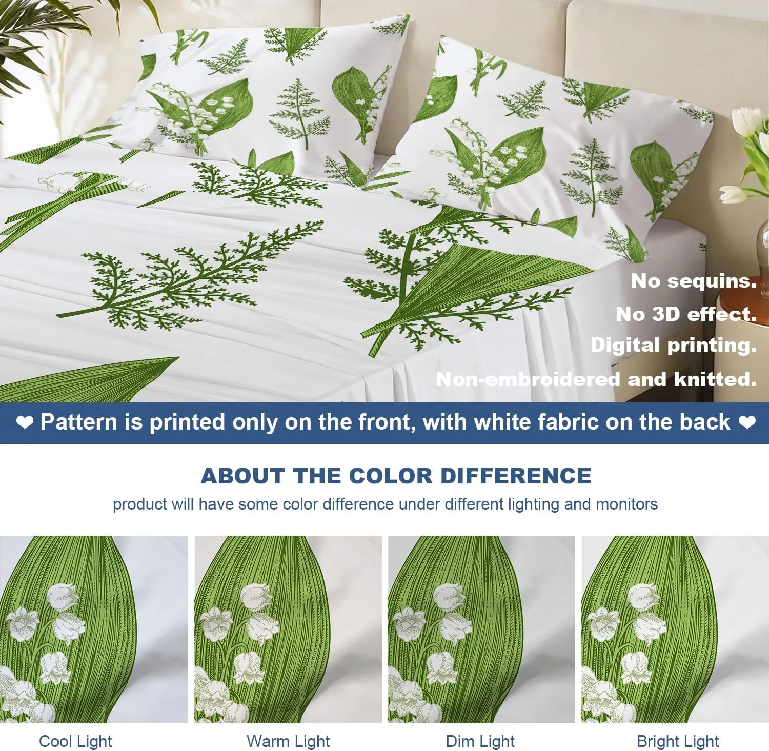 Batmerry Spring Plants Queen Size Soft Microfiber Sheets, Springgreen Lily of The Valley Flowers 4 Piece Luxurious Cooling Bed Sheets Deep Pocket Fits 16" Mattress