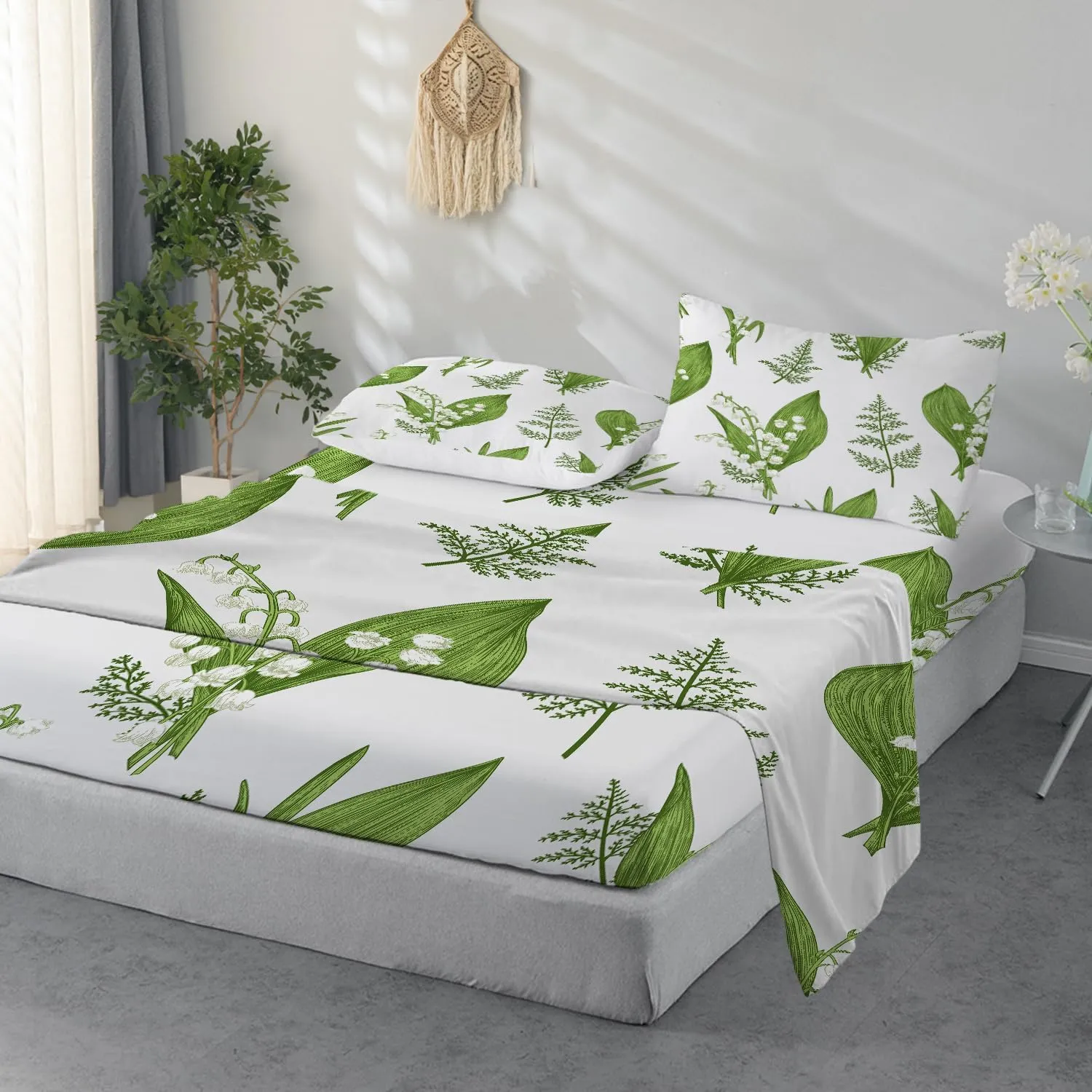 Batmerry Spring Plants Queen Size Soft Microfiber Sheets, Springgreen Lily of The Valley Flowers 4 Piece Luxurious Cooling Bed Sheets Deep Pocket Fits 16" Mattress