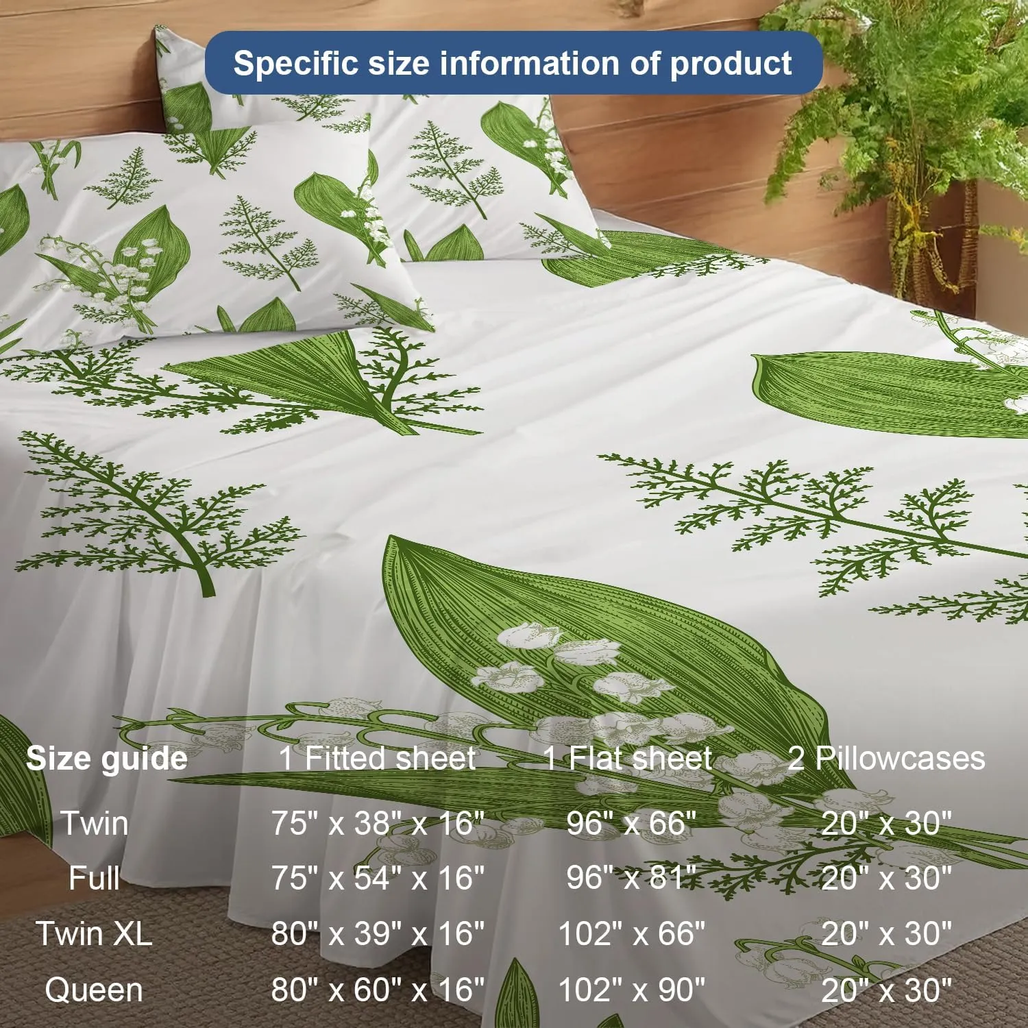 Batmerry Spring Plants Queen Size Soft Microfiber Sheets, Springgreen Lily of The Valley Flowers 4 Piece Luxurious Cooling Bed Sheets Deep Pocket Fits 16" Mattress