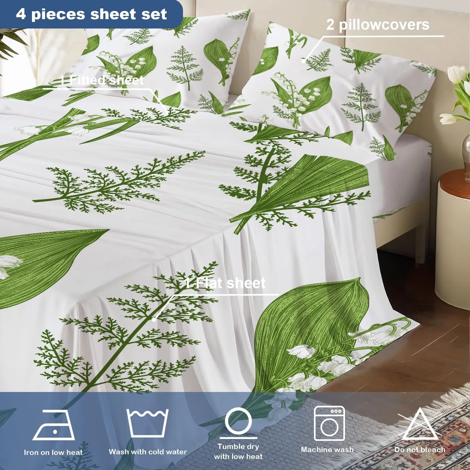 Batmerry Spring Plants Queen Size Soft Microfiber Sheets, Springgreen Lily of The Valley Flowers 4 Piece Luxurious Cooling Bed Sheets Deep Pocket Fits 16" Mattress