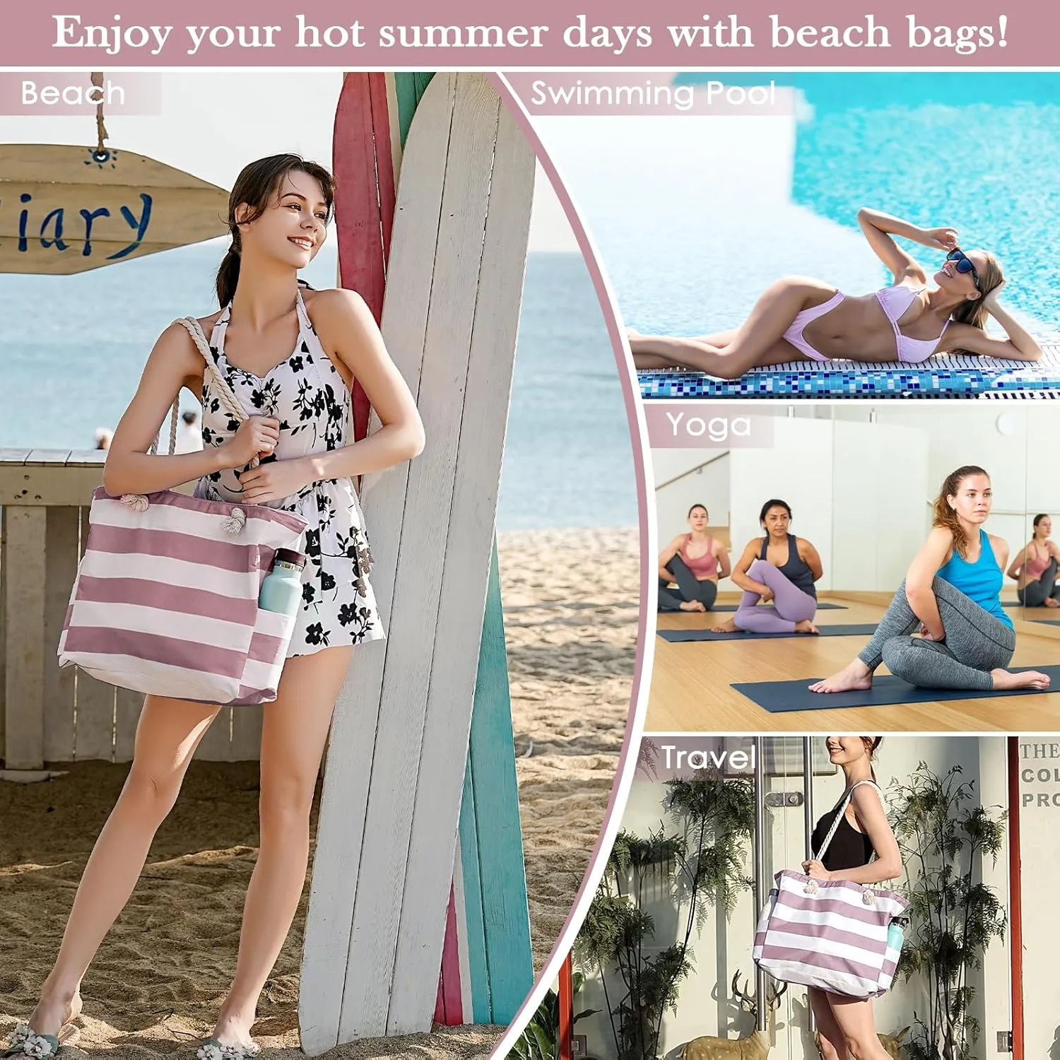 Beach Bags For Women - Large Beach Bags with Zipper Waterproof Sandproof Swim Pool Beach Bag