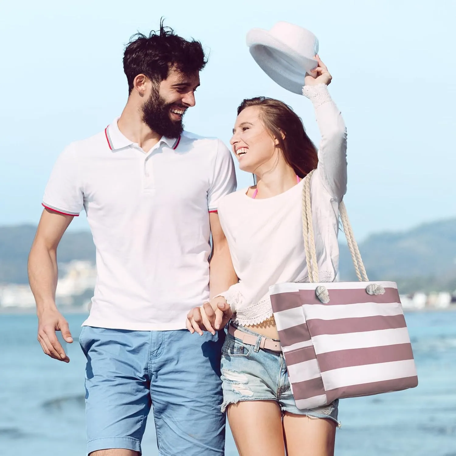 Beach Bags For Women - Large Beach Bags with Zipper Waterproof Sandproof Swim Pool Beach Bag