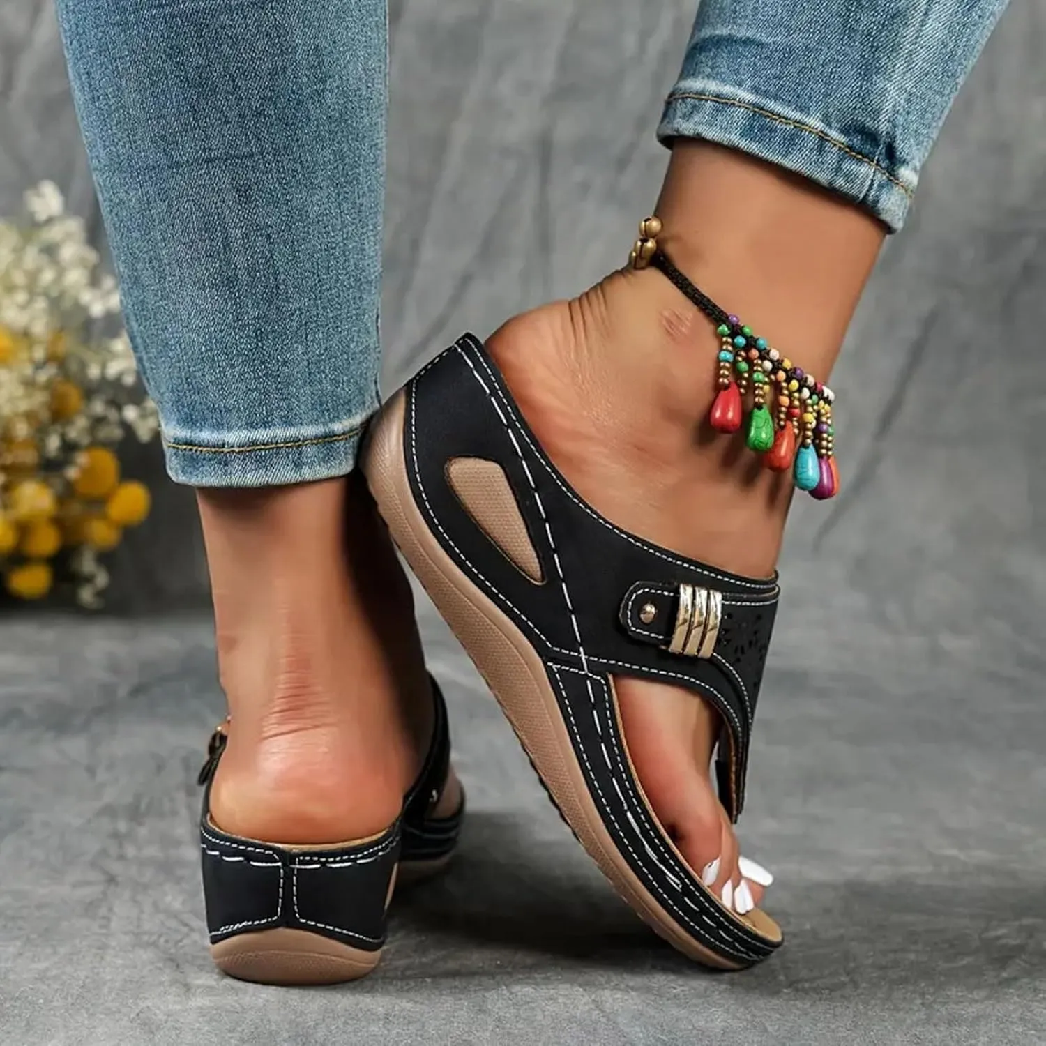 Beach Sandals for Woman Walking Women Summer Comfortable Arch Support Wedge Sandals 2025 Orthopedic Flip Flops Slides