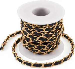 Beadthoven 5 Yards PU Leather Bag Straps with Aluminum Links Flat Chain Strap Light Gold Shoulder Bag Chain Accessories Black Purse Straps for Bag Straps Replacement Necklace Bracelet