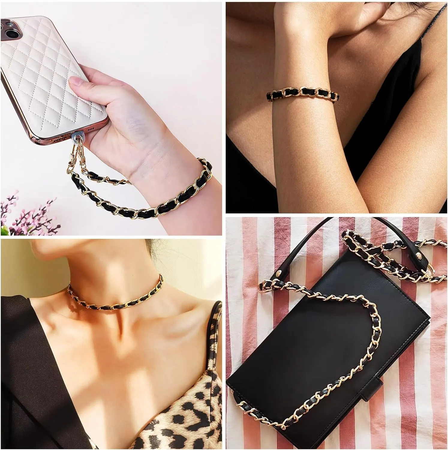 Beadthoven 5 Yards PU Leather Bag Straps with Aluminum Links Flat Chain Strap Light Gold Shoulder Bag Chain Accessories Black Purse Straps for Bag Straps Replacement Necklace Bracelet
