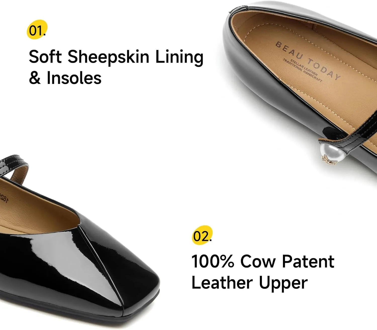 BEAU TODAY Mary Jane Flats for Women, Womens Mary Janes, Ballet Flats for Women, Patent Leather Square Toe Flats, Comfortable Casual Fashion Slip-on Flat Dress Shoes