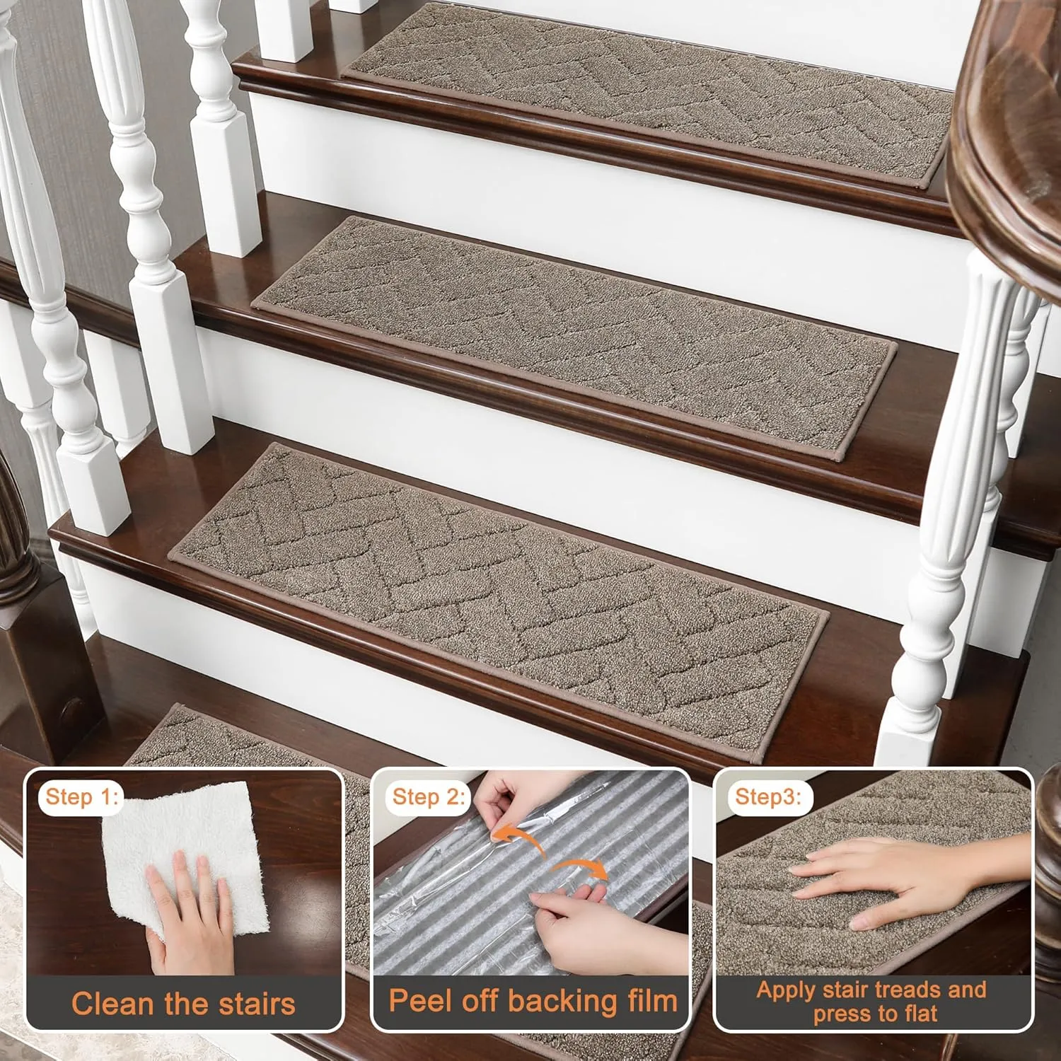 BEQHAUSE Stair Treads Non Slip Stair Runners Step Carpet Mat for Wooden Steps Indoor Machine Washable 28inX9in Edging Polyester Soft Stair Rugs for Kids Elders Pets with TPE Backing(Beige,4pcs)