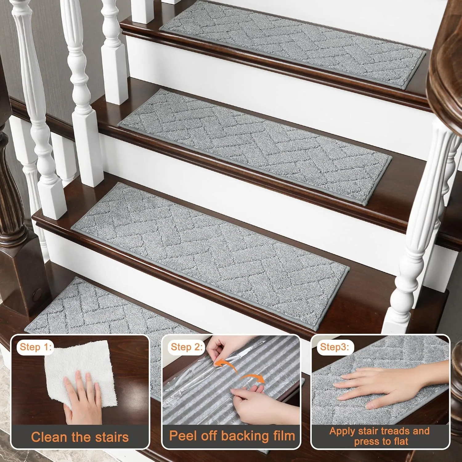 BEQHAUSE Stair Treads Non Slip Stair Runners Step Carpet Mat for Wooden Steps Indoor Machine Washable 28inX9in Edging Polyester Soft Stair Rugs for Kids Elders Pets with TPE Backing(Grey,4pcs)