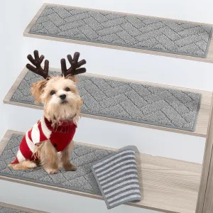 BEQHAUSE Stair Treads Non Slip Stair Runners Step Carpet Mat for Wooden Steps Indoor Machine Washable 28inX9in Edging Polyester Soft Stair Rugs for Kids Elders Pets with TPE Backing(Grey,4pcs)