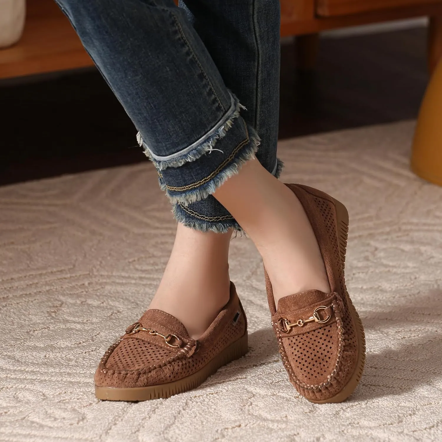 Bernal Loafers for Women Slip On Penny Loafers Hollow Out Breathable Slip On Flat Shoes Work Walking Shoes with Buckle