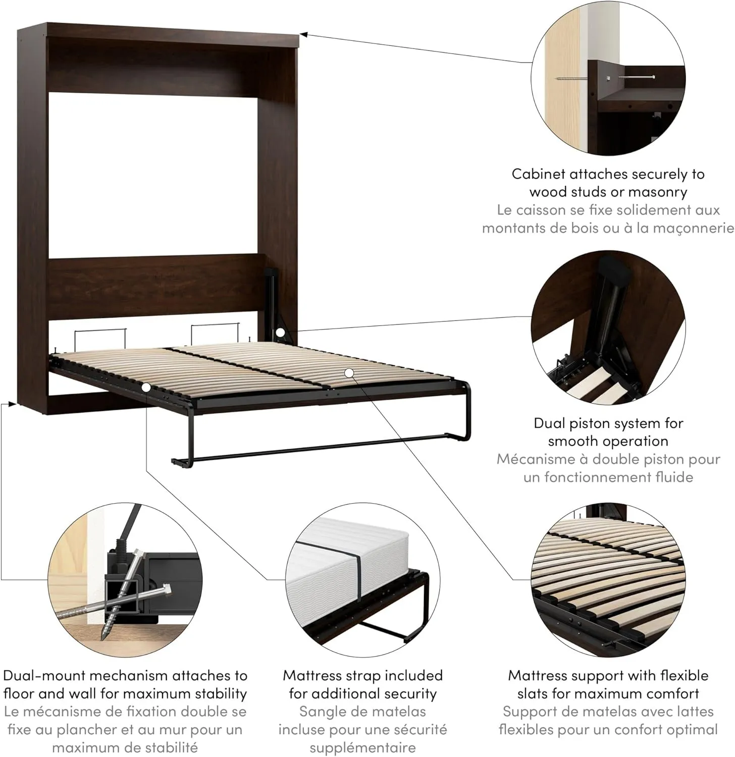 Bestar Pur Queen Size Murphy Bed in Chocolate, 65-inch Space-Saving Sleeping Arrangement for Multipurpose Area, Bedroom, Guest Room, or Living Room