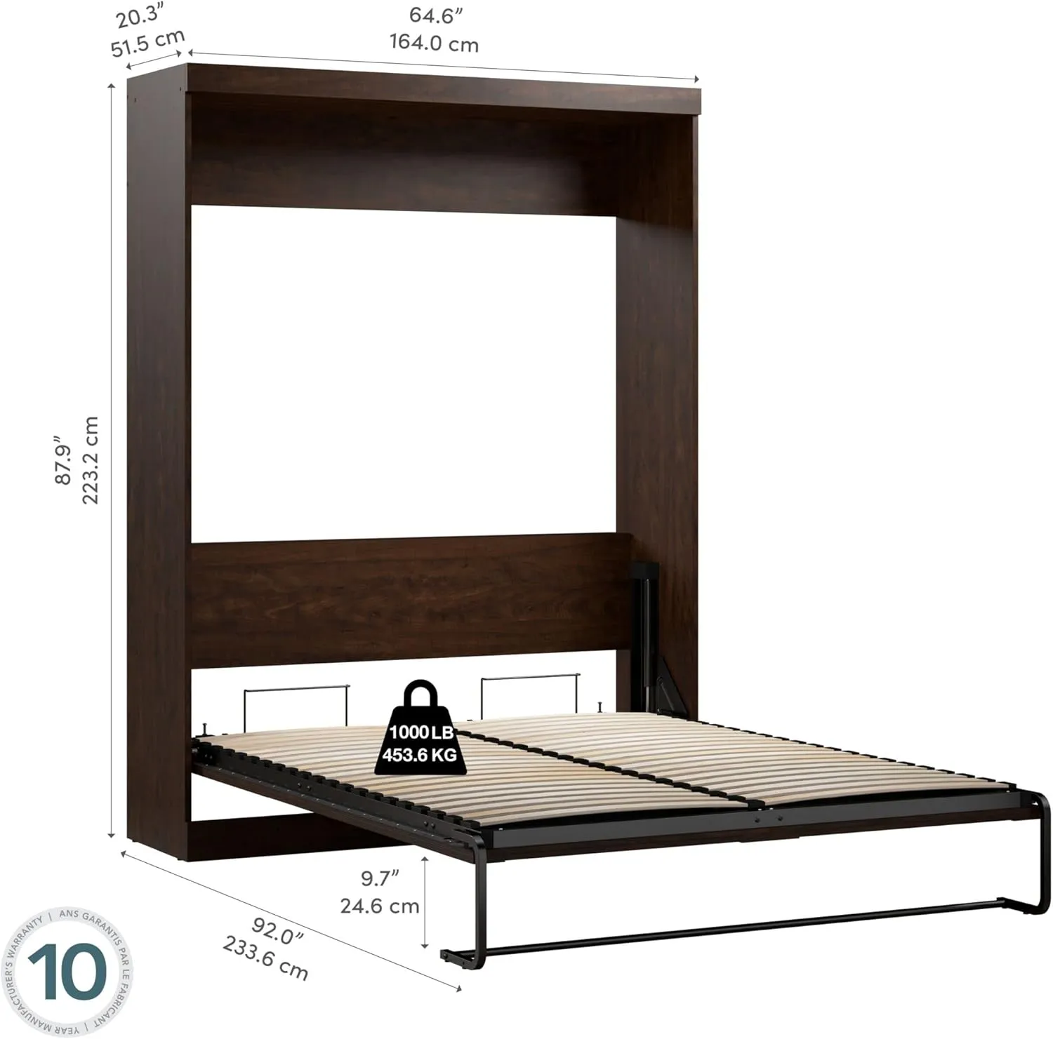 Bestar Pur Queen Size Murphy Bed in Chocolate, 65-inch Space-Saving Sleeping Arrangement for Multipurpose Area, Bedroom, Guest Room, or Living Room