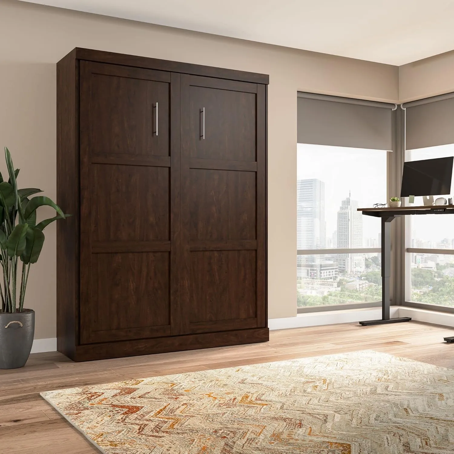 Bestar Pur Queen Size Murphy Bed in Chocolate, 65-inch Space-Saving Sleeping Arrangement for Multipurpose Area, Bedroom, Guest Room, or Living Room