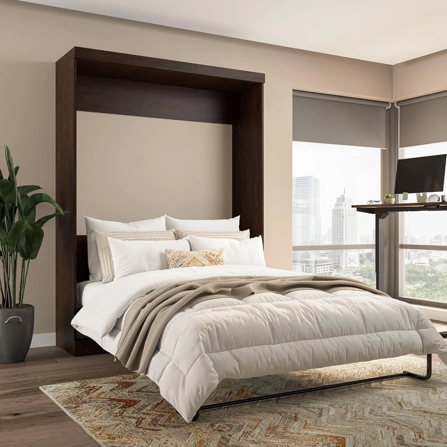 Bestar Pur Queen Size Murphy Bed in Chocolate, 65-inch Space-Saving Sleeping Arrangement for Multipurpose Area, Bedroom, Guest Room, or Living Room