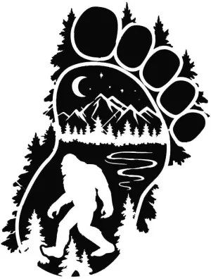 Bigfoot Sasquatch Yeti Decal Wilderness Pine Tree Forest Mountain River Sticker Vinyl - 11 inches x 8.5 inches (Black)