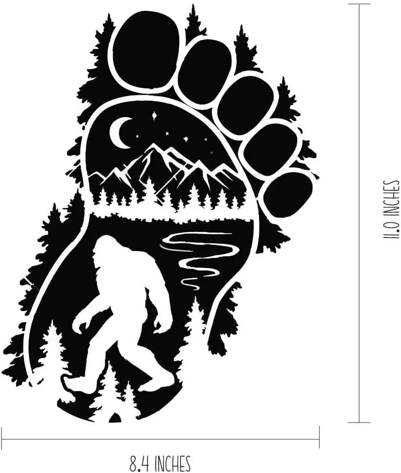 Bigfoot Sasquatch Yeti Decal Wilderness Pine Tree Forest Mountain River Sticker Vinyl - 11 inches x 8.5 inches (Black)