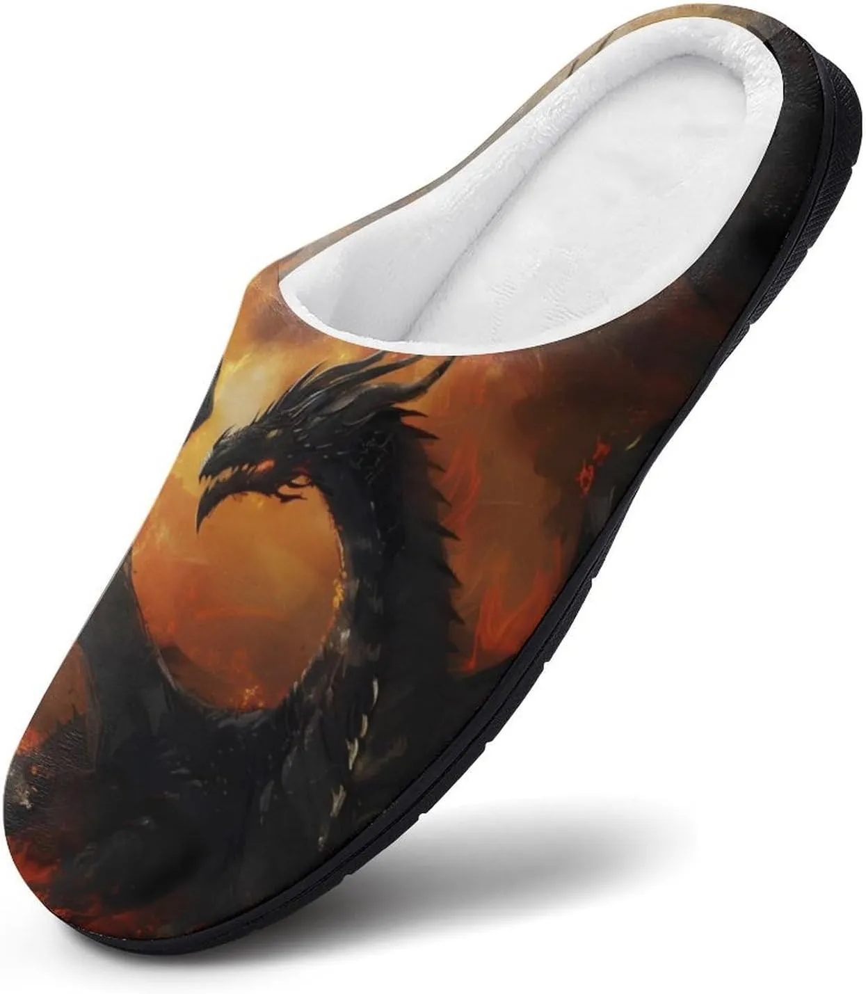 Black Dragon in Flames Casual Mens Slippers Warm Soft Comfy Slip On House Shoes Indoor Outdoor