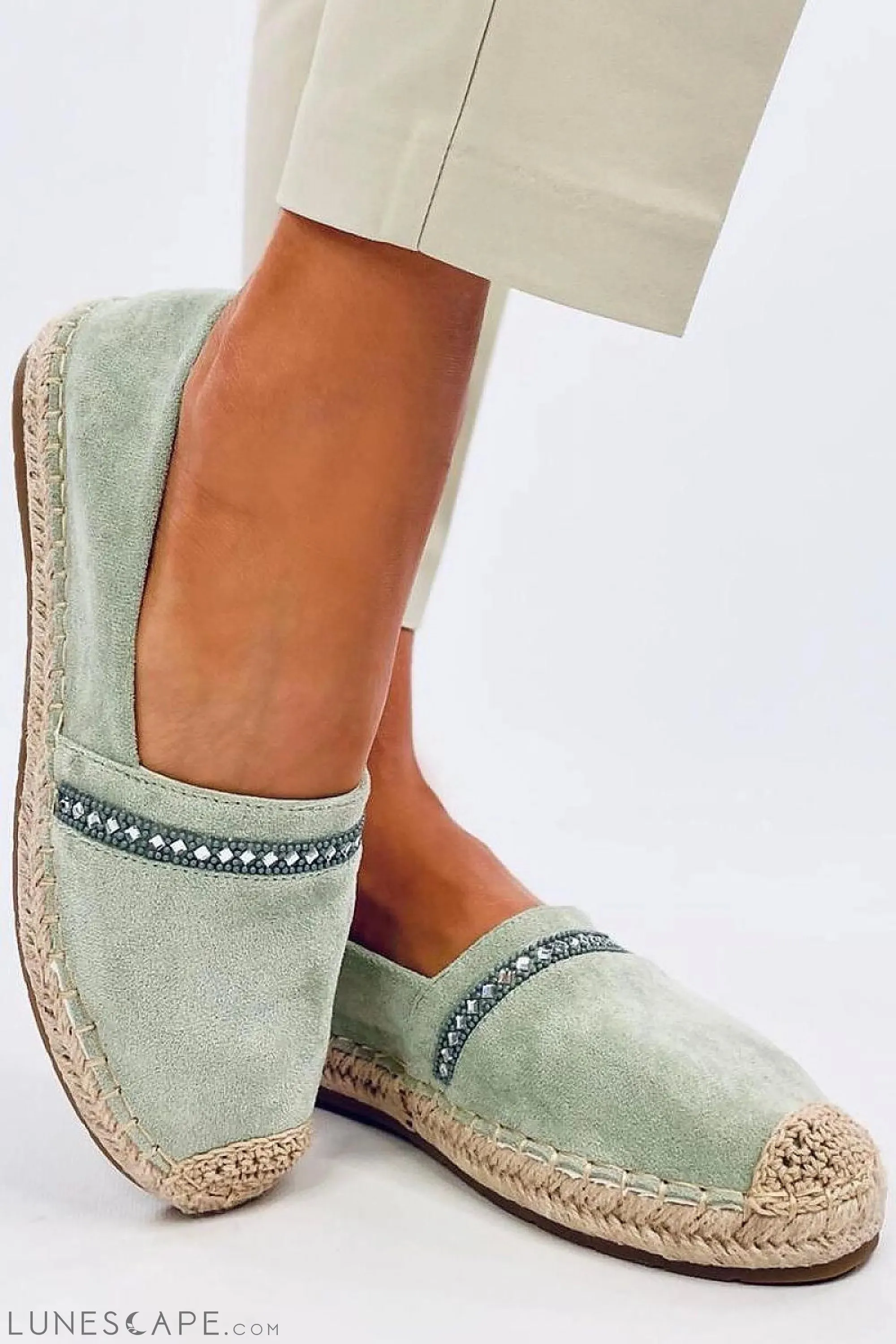 Black Eco-Suede Espadrilles with Crystal Detail and Natural Jute Braided Sole
