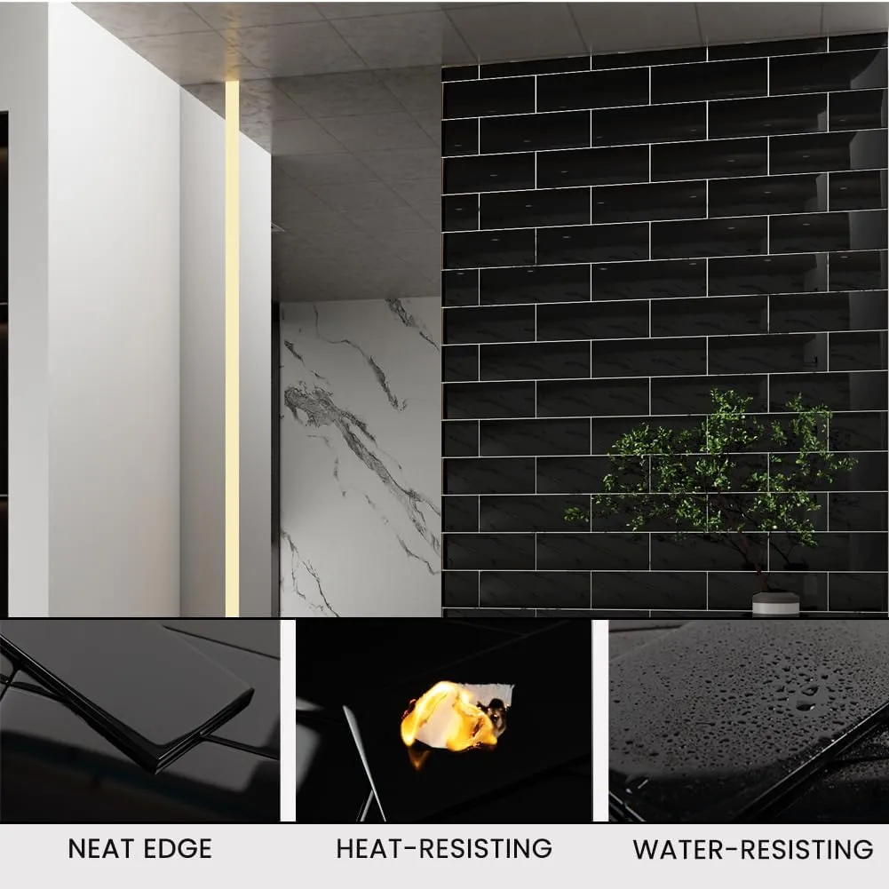 Black Glass Subway Tile 4 x 12 Inch for Kitchen Backsplash Bathroom Shower Wall Pack of 12 Pcs 4 sq.ft