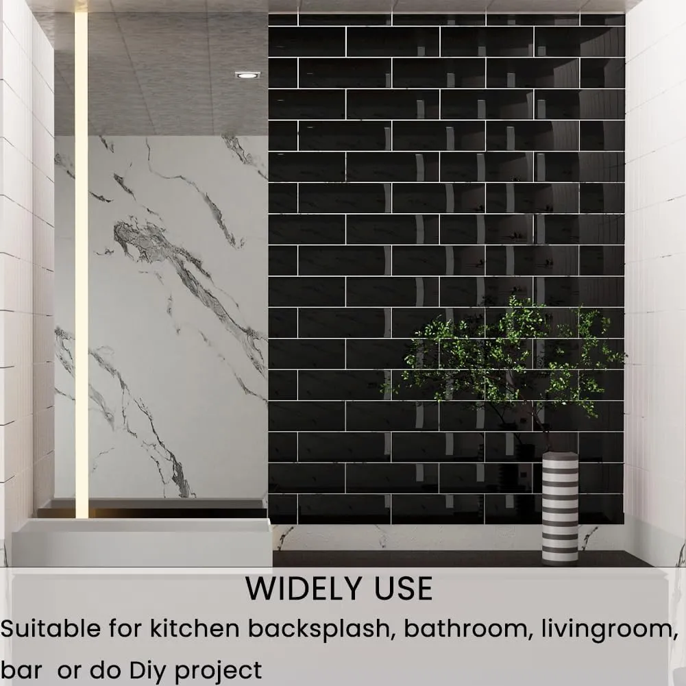 Black Glass Subway Tile 4 x 12 Inch for Kitchen Backsplash Bathroom Shower Wall Pack of 12 Pcs 4 sq.ft