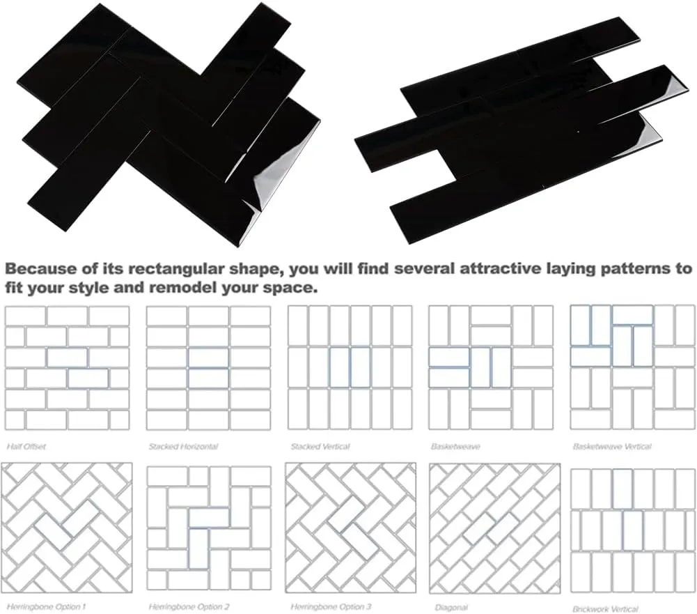 Black Glass Subway Tile 4 x 12 Inch for Kitchen Backsplash Bathroom Shower Wall Pack of 12 Pcs 4 sq.ft