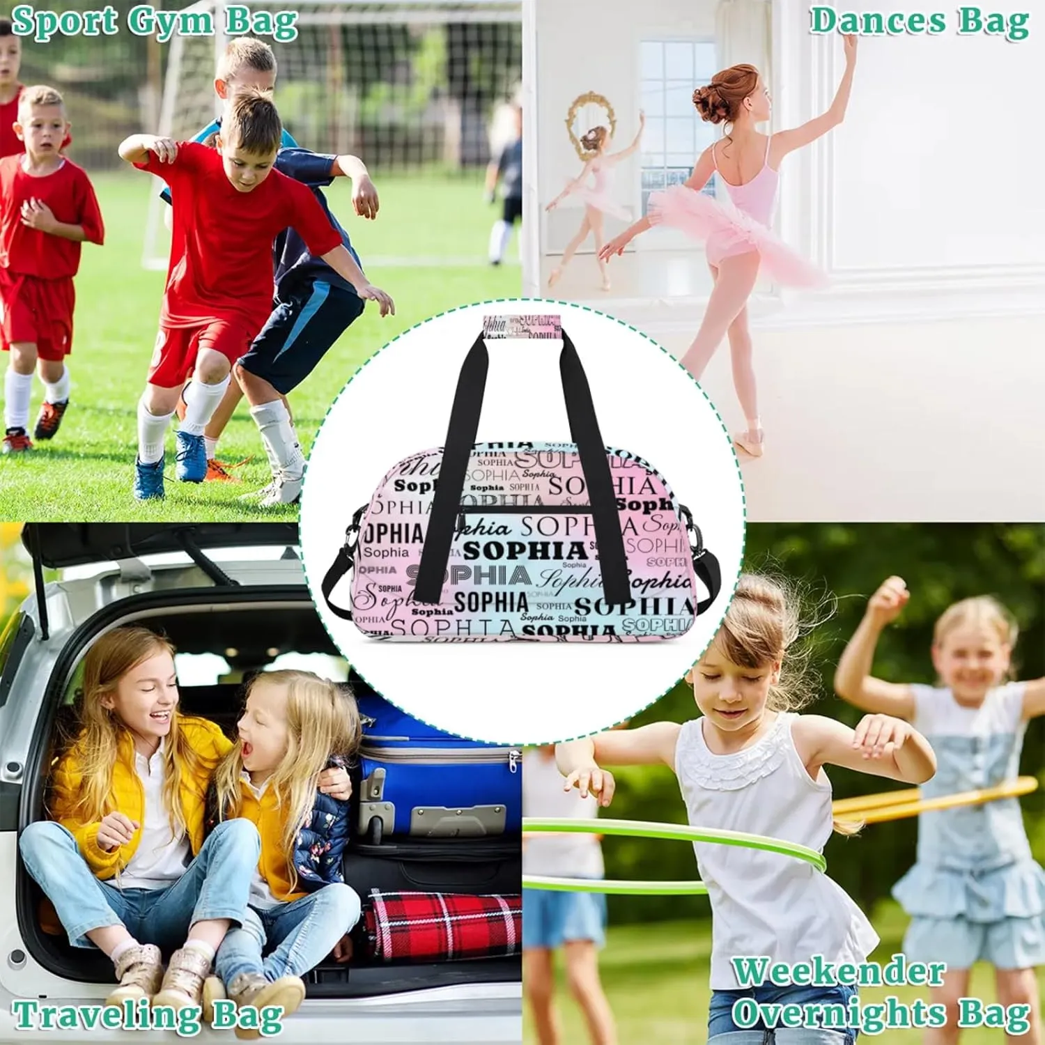 Blue Pink Custom Dance Bag Personalized Kids Gym Bag Overnight Duffel Bag Weekender Travel Bags for Girls Gymnastics Creative Name Ballet Bag Customized Kids Gifts