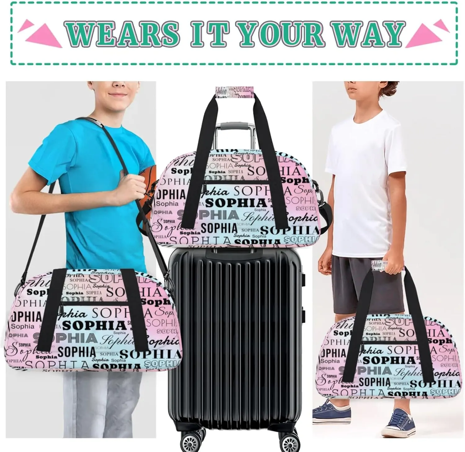 Blue Pink Custom Dance Bag Personalized Kids Gym Bag Overnight Duffel Bag Weekender Travel Bags for Girls Gymnastics Creative Name Ballet Bag Customized Kids Gifts