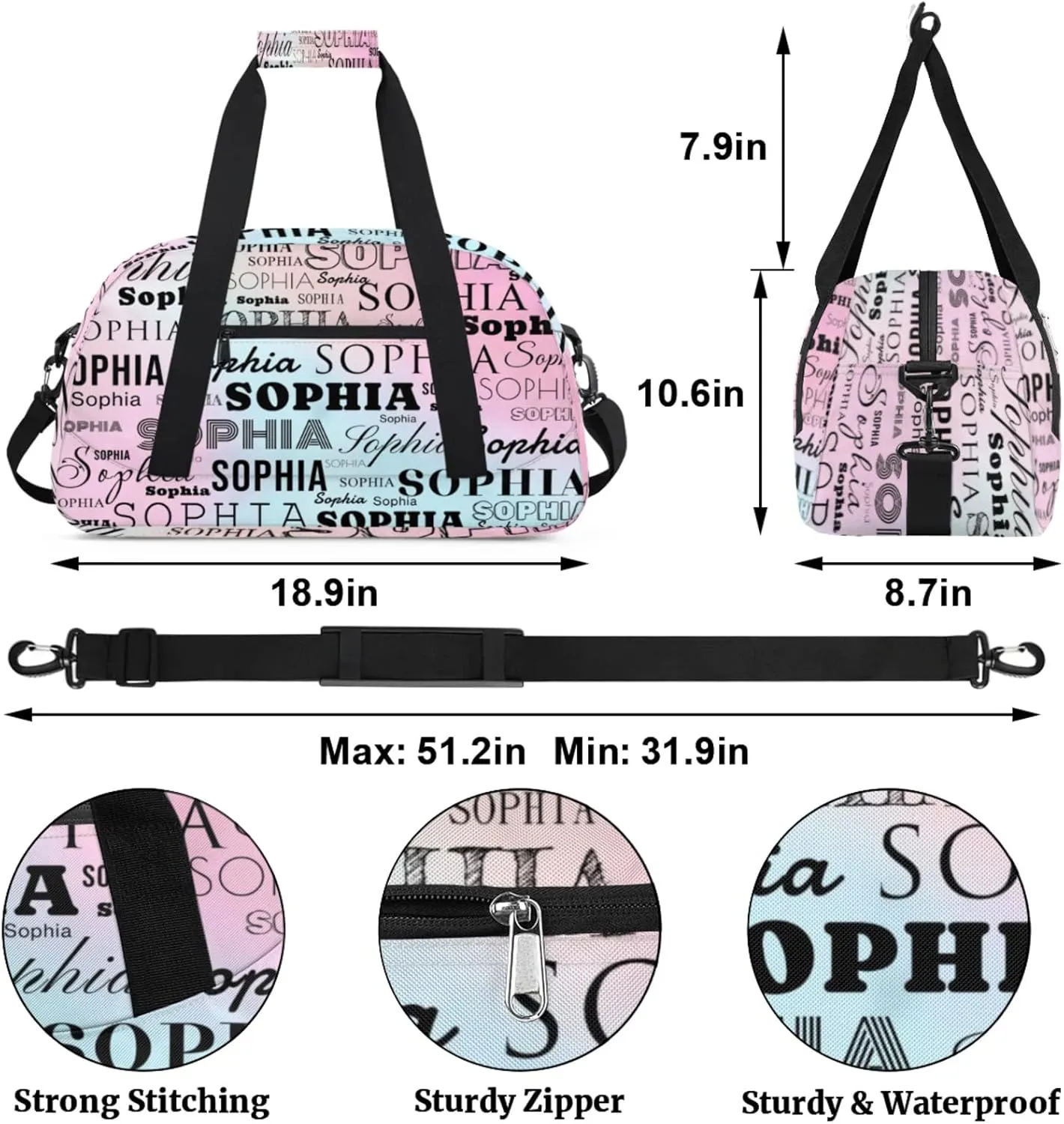 Blue Pink Custom Dance Bag Personalized Kids Gym Bag Overnight Duffel Bag Weekender Travel Bags for Girls Gymnastics Creative Name Ballet Bag Customized Kids Gifts