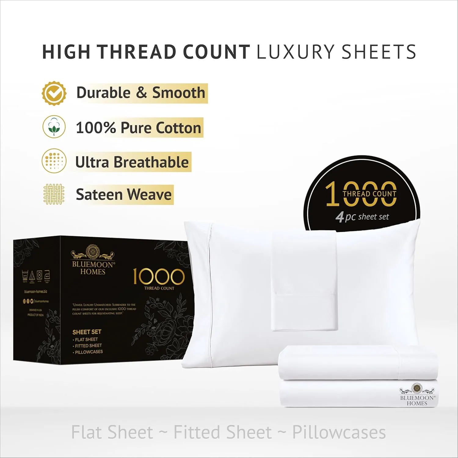 Bluemoon Homes King Size Egyptian Cotton Sheets,1000 Thread Count, 4Pc King Size Sheets Set, Smooth Sateen Weave King Sheets, 18" Deep Pocket, Ultra Luxury Sheet, King Sheet Set - White Sheets